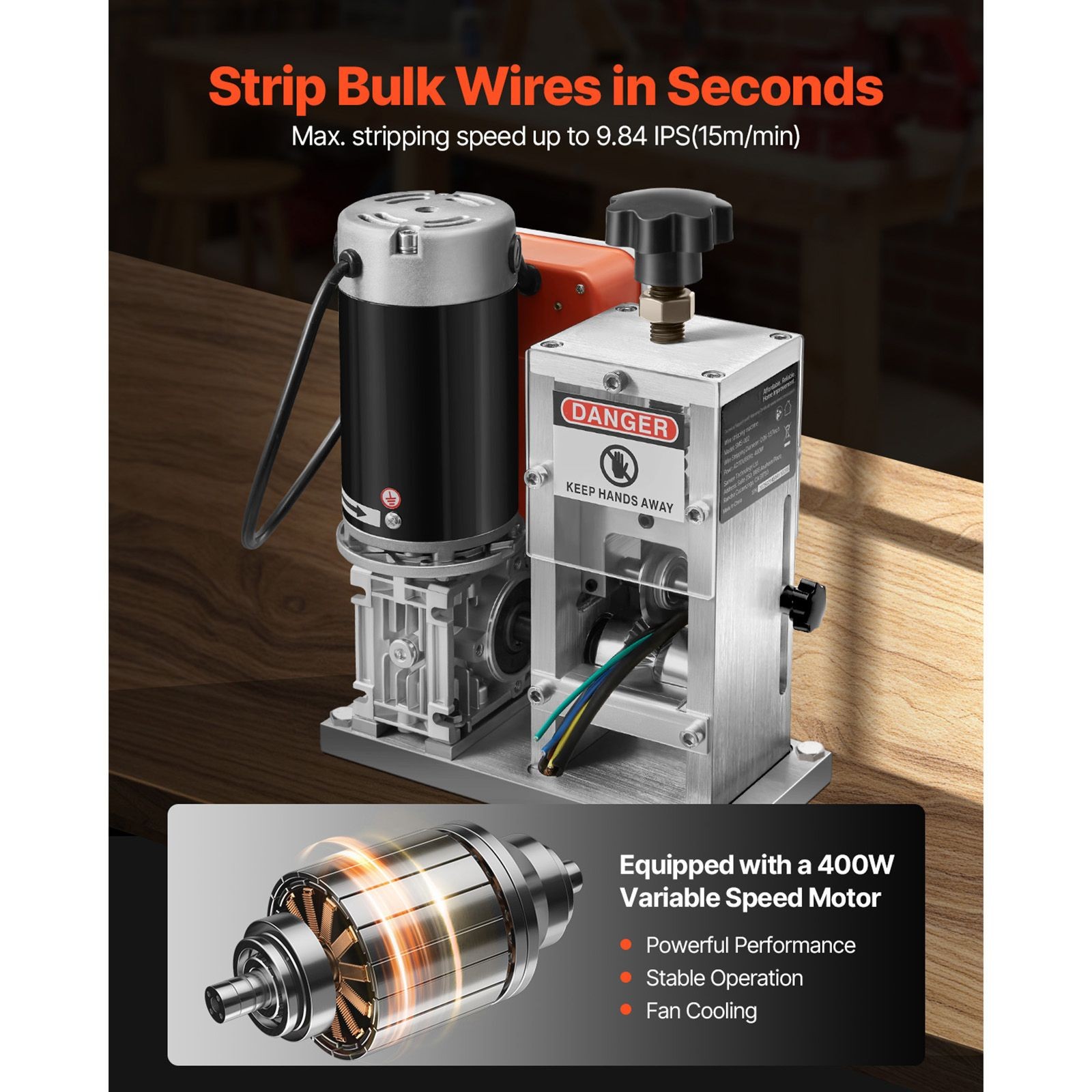 400W Automatic Wire Stripper 0.06-1.57in, 9.84 IPS, V-Rollers
