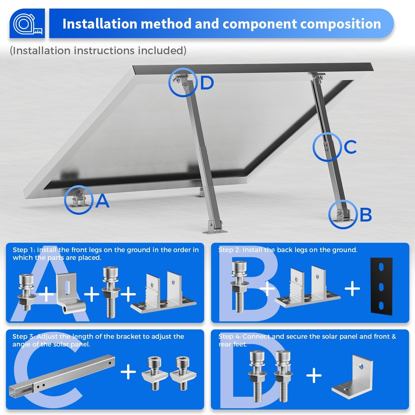 1 Set Adjustable Solar Panel Tilt Mount Brackets, Stand Systems Support 50W-400W