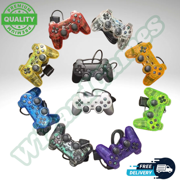 PS2 PS1 Wired Controller Dual Vibration Transparent Color 5.5FT - Brand New