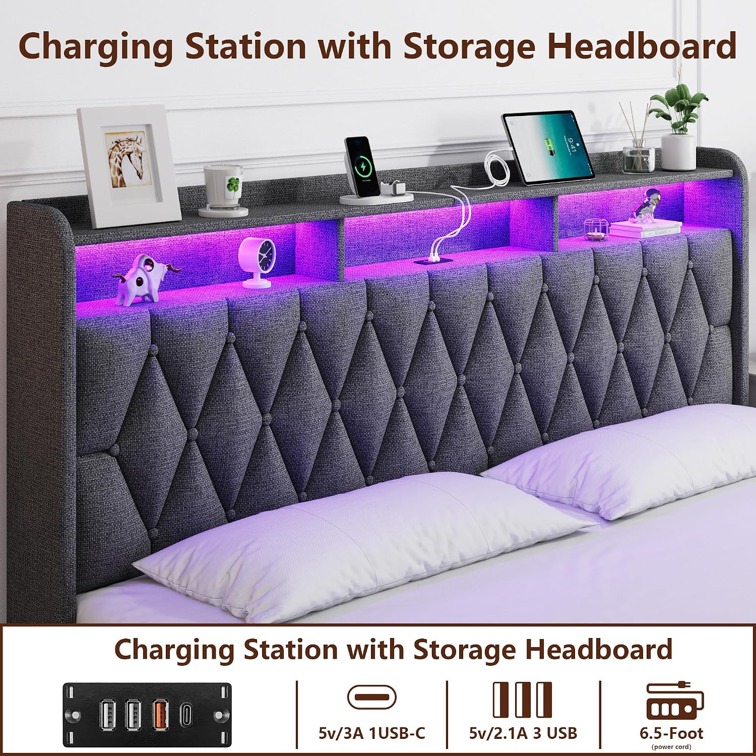 King Size Bed Frame with 3 Storage Drawers, Upholstered King Bed Frame with LED