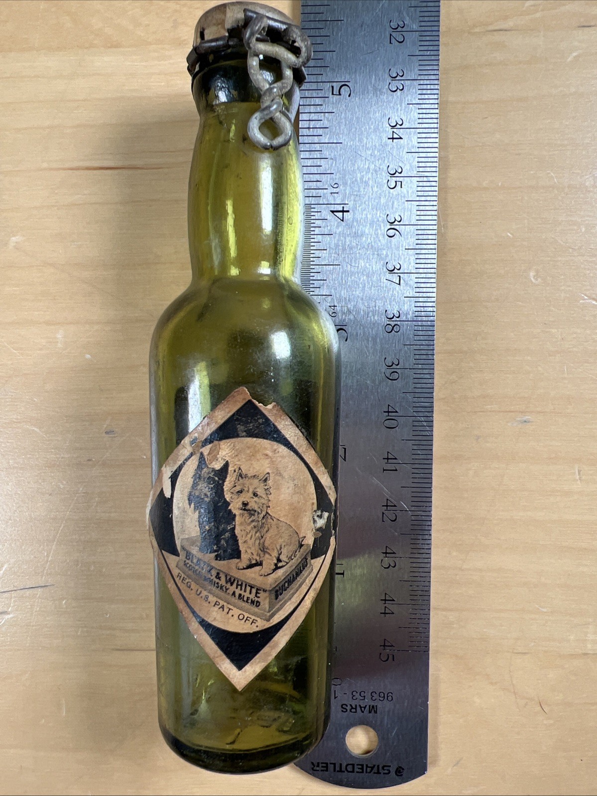 Black & White Scotch Antique Mini Whiskey Bottle Spring Top 1/10th Pt.