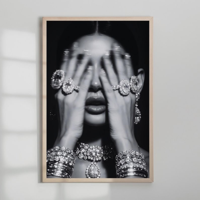 Glamour Jewelry Portrait Poster Black White Fashion Wall Art Print