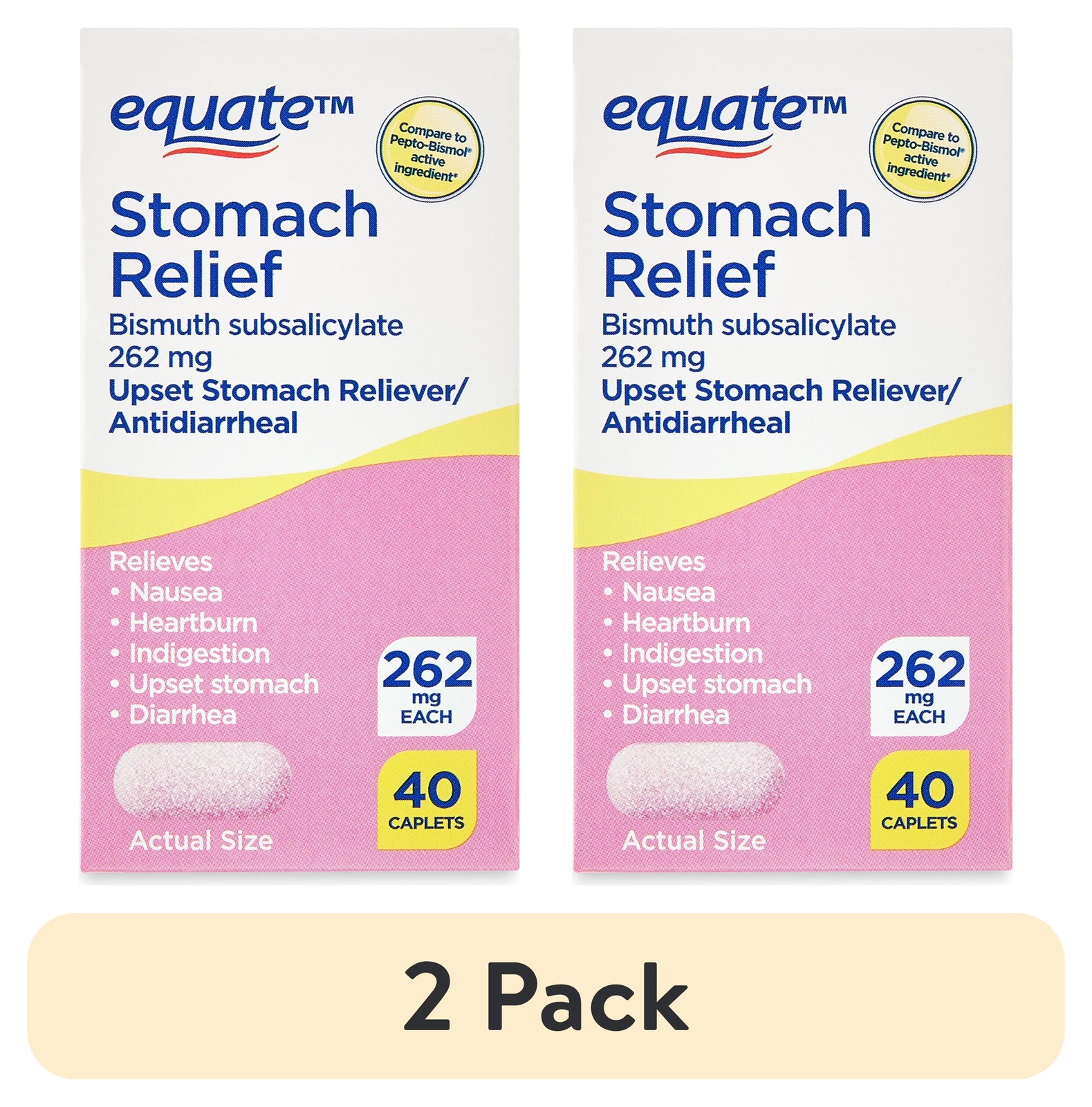(2 pack) Equate Bismuth Caplets for Upset Stomach and Diarrhea Relief, 262mg, 40