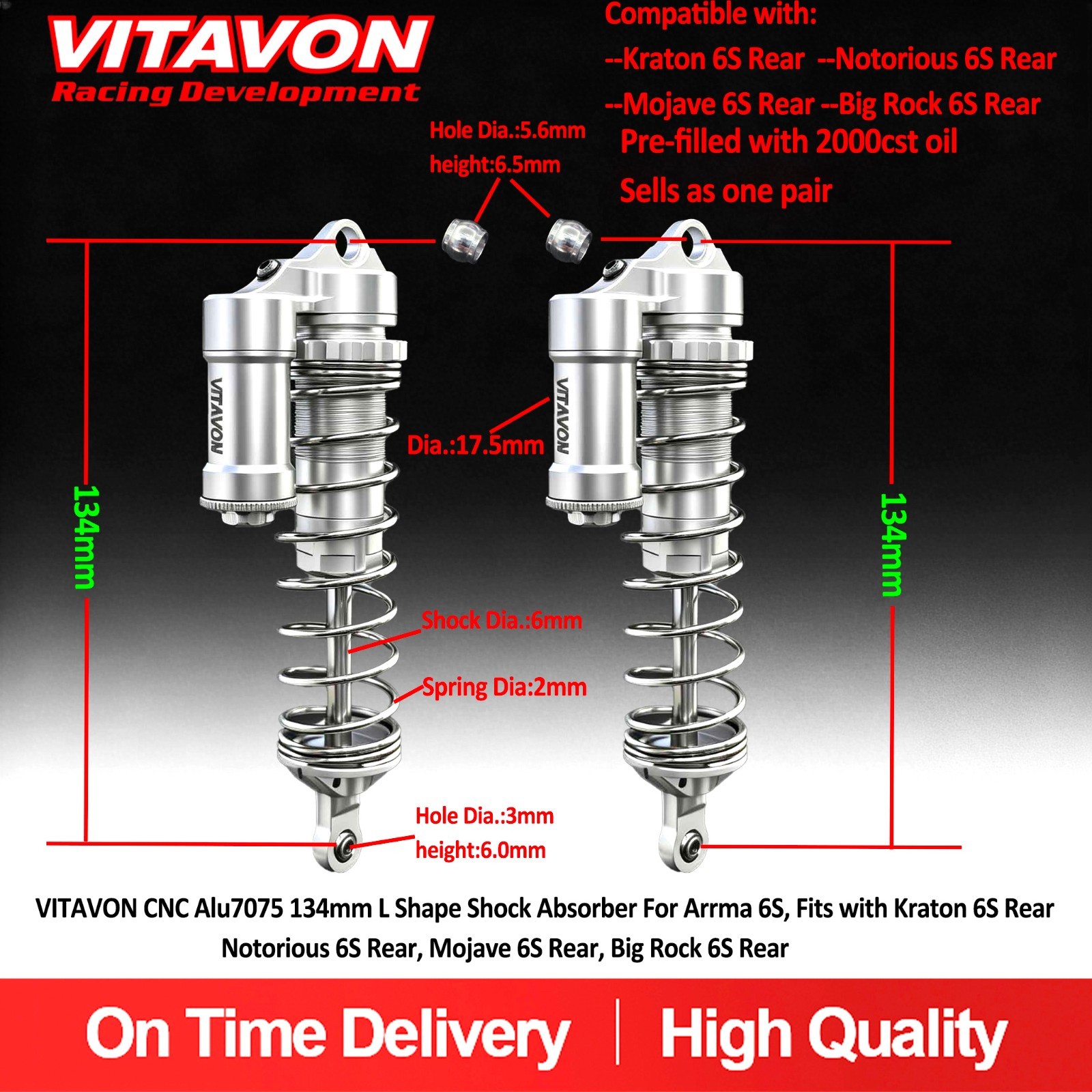 VITAVON 134mm L Shock  Absorber Fits with Kraton 6S Rear, Big Rock 6S Rear