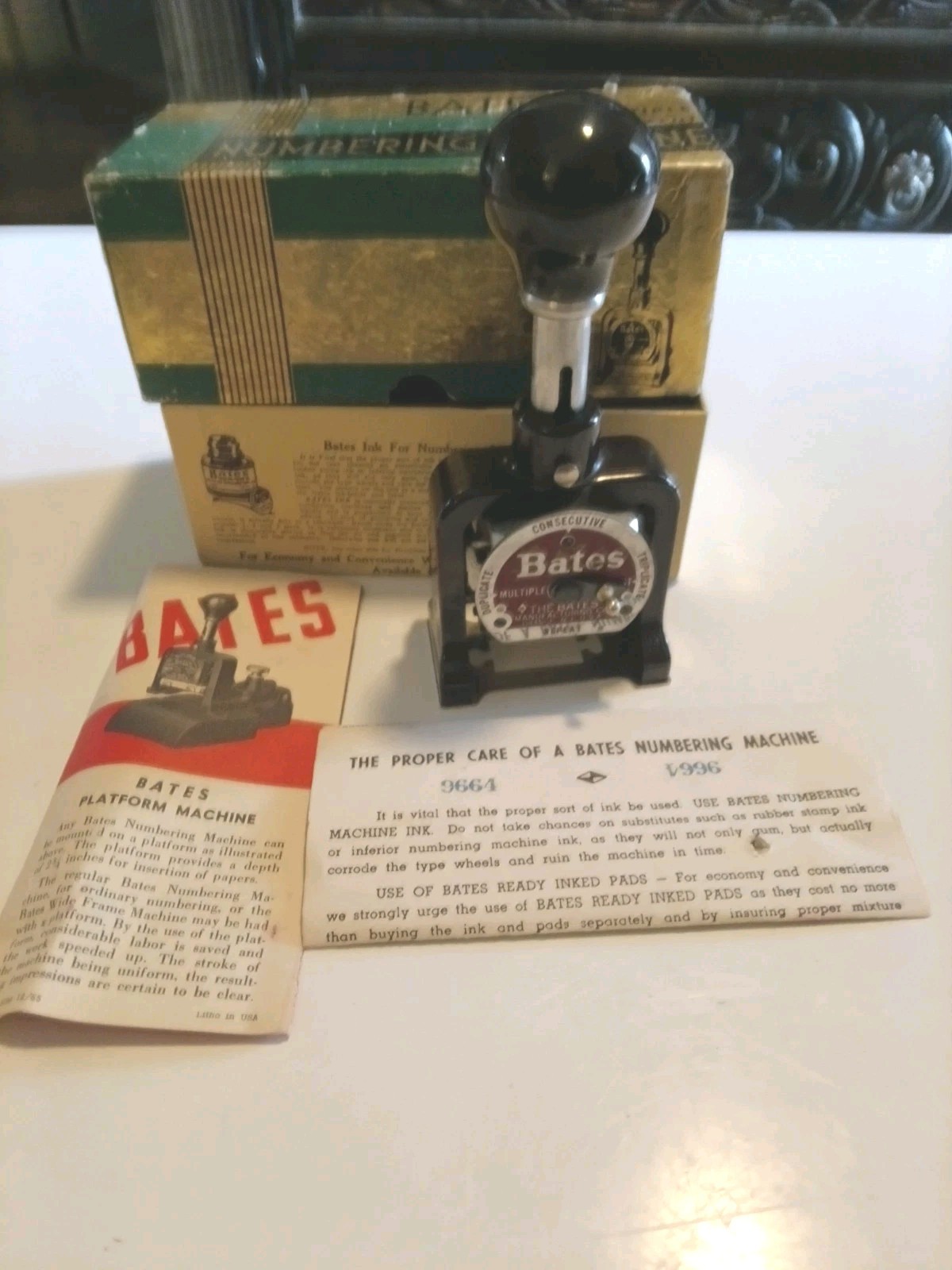 Vintage Bates Numbering Machine 6 Wheel Style E Stamper In Box W Paper Work