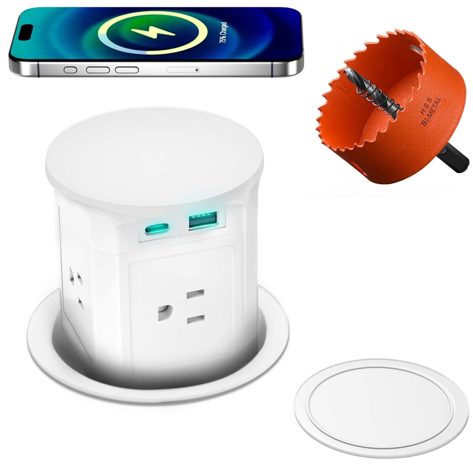 Redcomets CZ-W Pop Up Countertop Outlet 4 Outlets 15A 2 USB 15W Wireless Charger