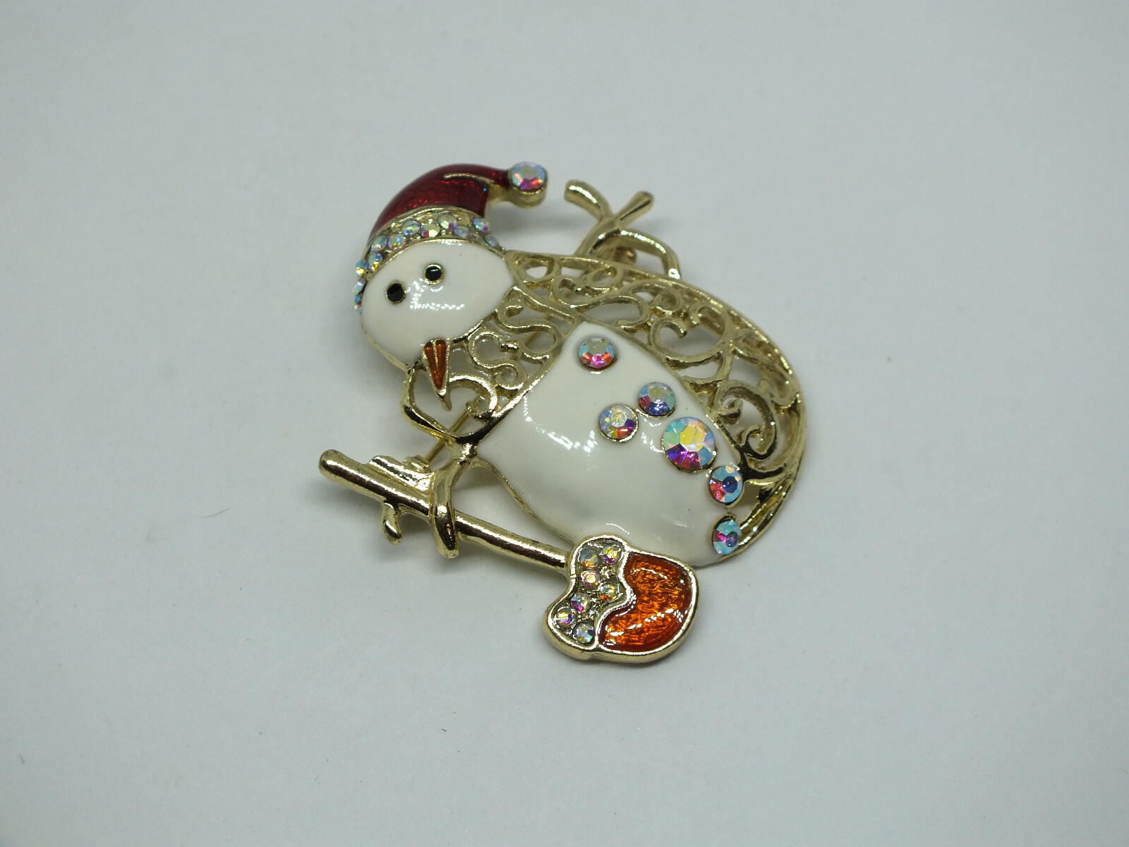Beautiful Brooch Snowman Gold Tone Red Glitter Enamel AB Rhinestones Broom