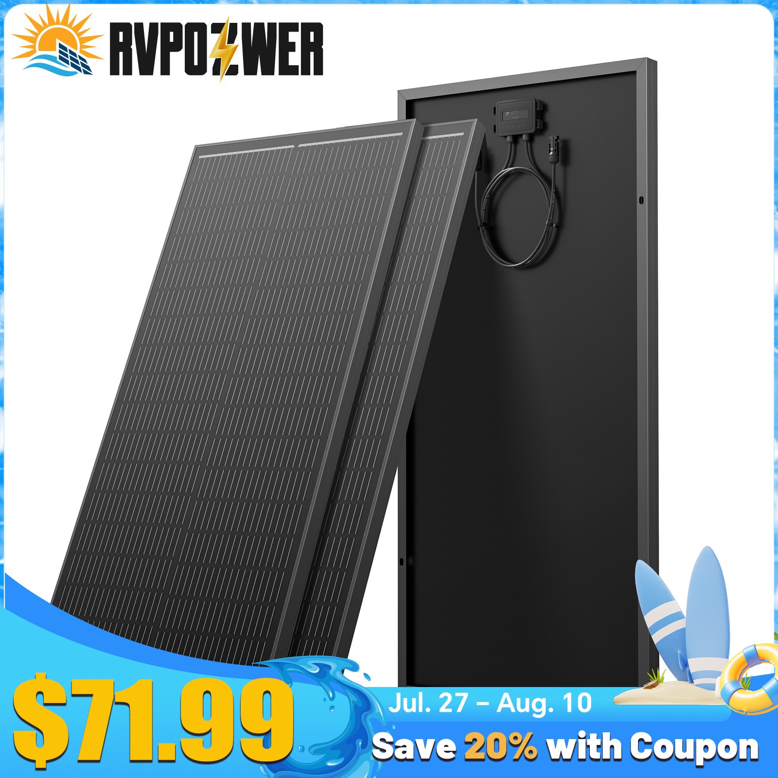 12V 2Pack 100W Black Solar Panel 200W 18BB N-Type Mono PV RV Home Boat Off-Grid