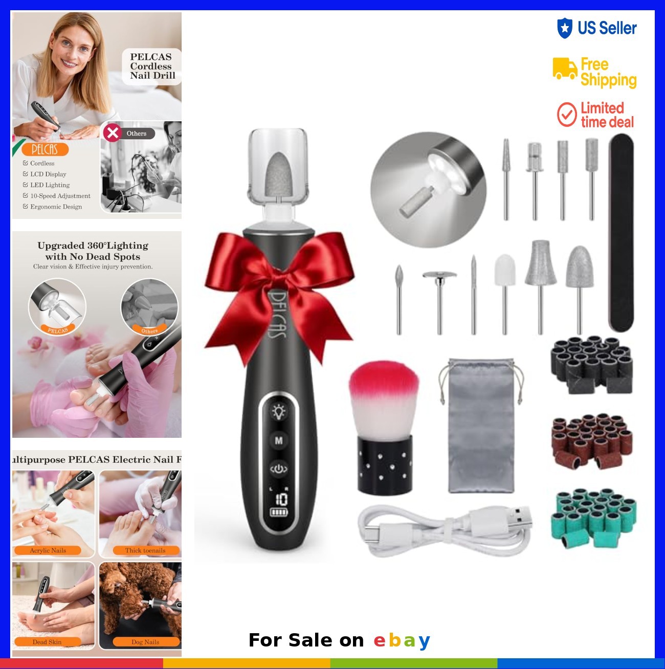 Cordless Electric Nail Drill Pen 10 Speed LED Light Rechargeable File Kit for
