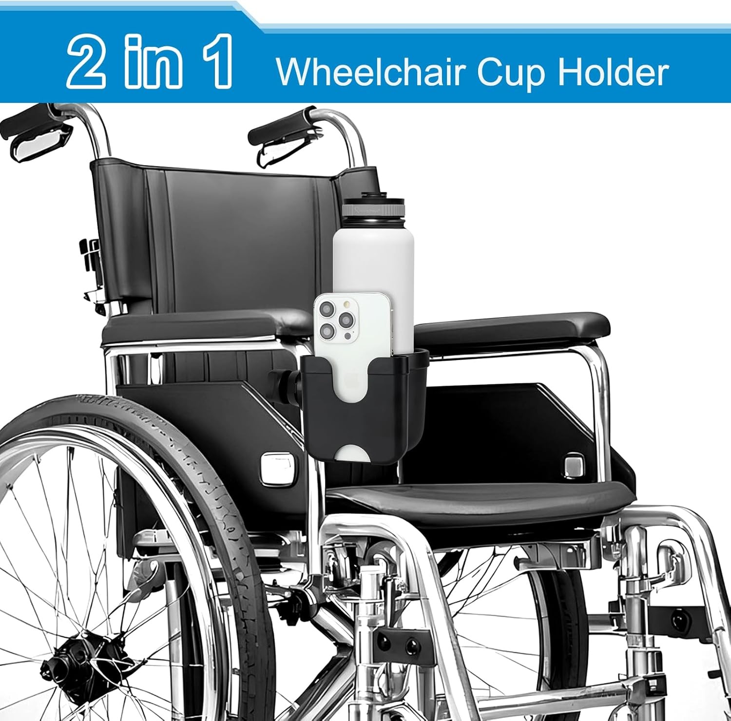 Accmor 2-in-1 Walker Cup Holder with Phone Holder, Wheelchair Black