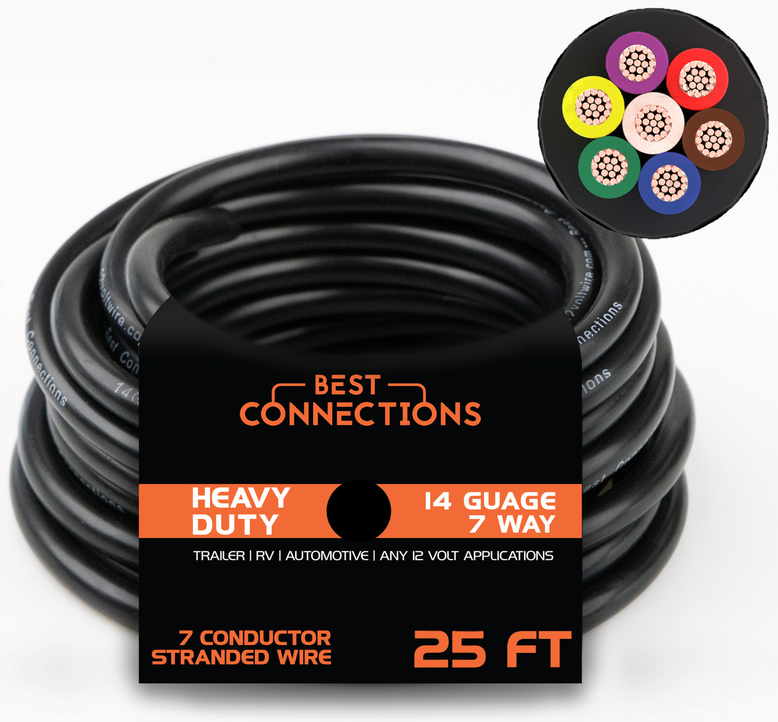 14 Gauge 7 Conductor 25 Feet Cable Wiring Trailer Lights Wire Boat RV Car 14/7