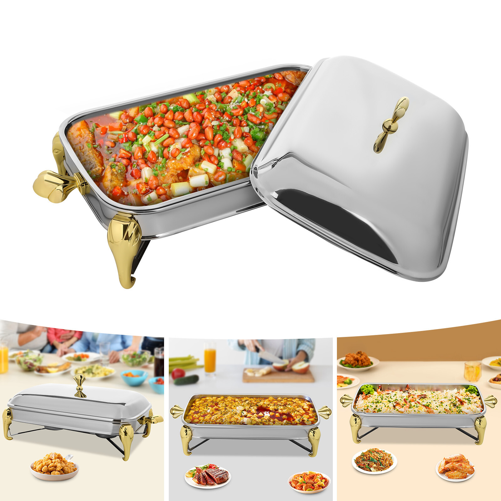 2.9L Gold Stainless Steel Rectangle Chafing Dish Trays Buffet Food Warmer
