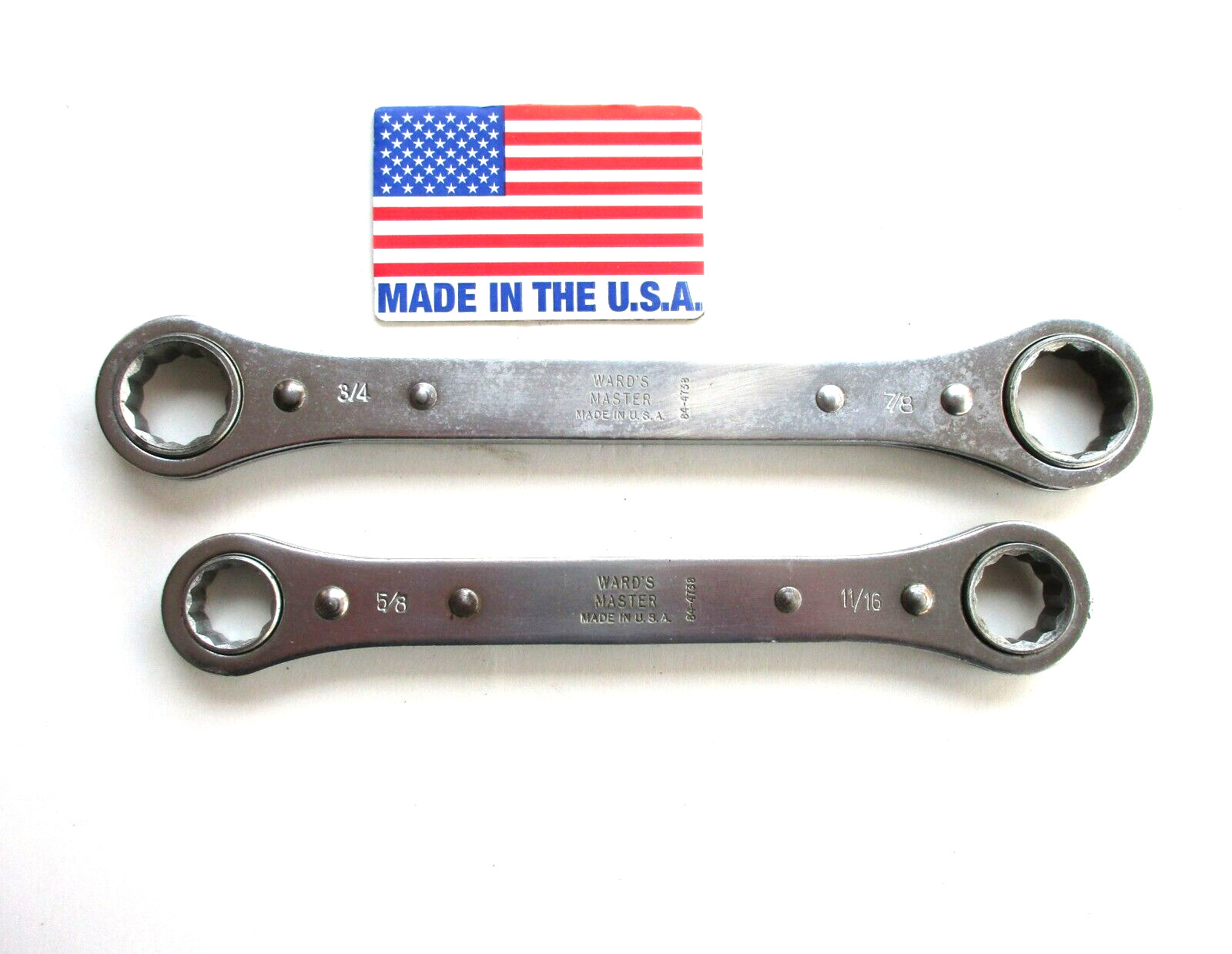 2 - Vintage Wards Master Ratcheting Wrenches 7/8, 3/4, 11/16, 5/8 Made In USA