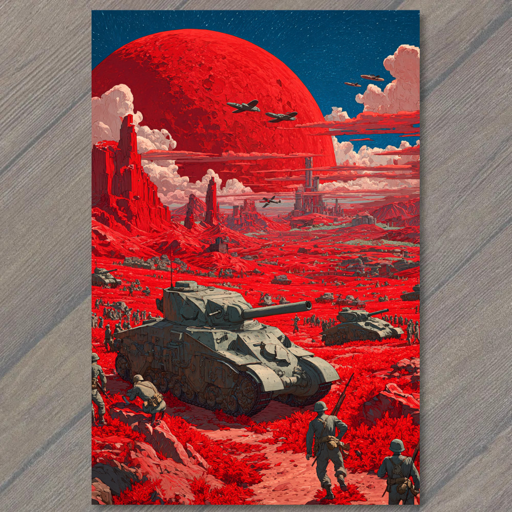 Art Print Red Planet Battlefield Tanks Soldiers Sci Fi War Landscape