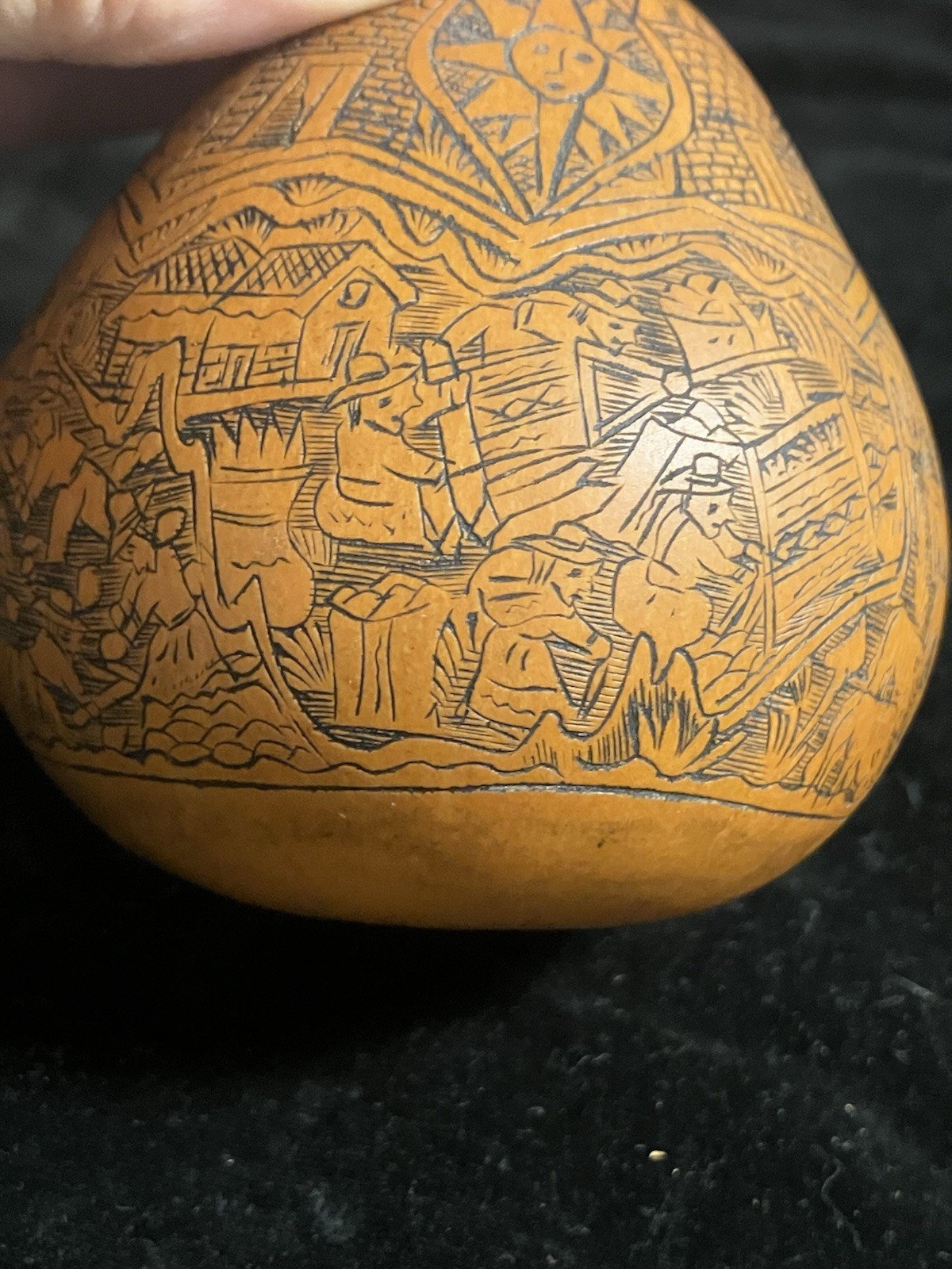 Peruvian Intricate Hand Fine Carved Etched Gourd Rattle Peruvian Culture Scenes