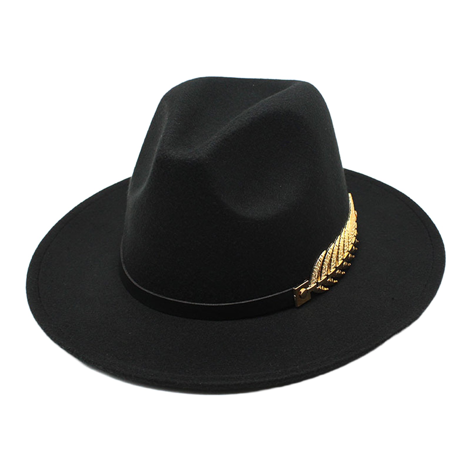 Mens Womens Elegant Flat Wide Brim Felt Fedora Hat with Gold Fishbone Decoration