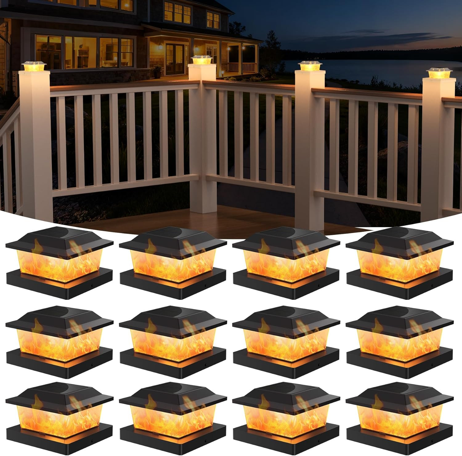 Solar Post Cap Lights, 8 Pack Outdoor Flickering Flame Light Fit for 3.5X3.5 4X4