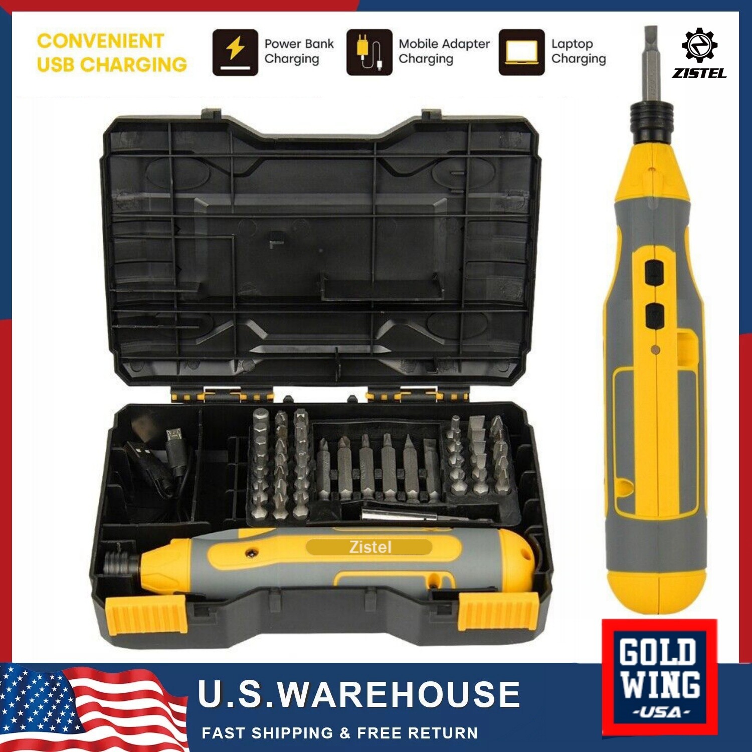 4V Cordless Electric Screwdriver Kit USB Rechargeable Power Tool 43PCS Bits Set