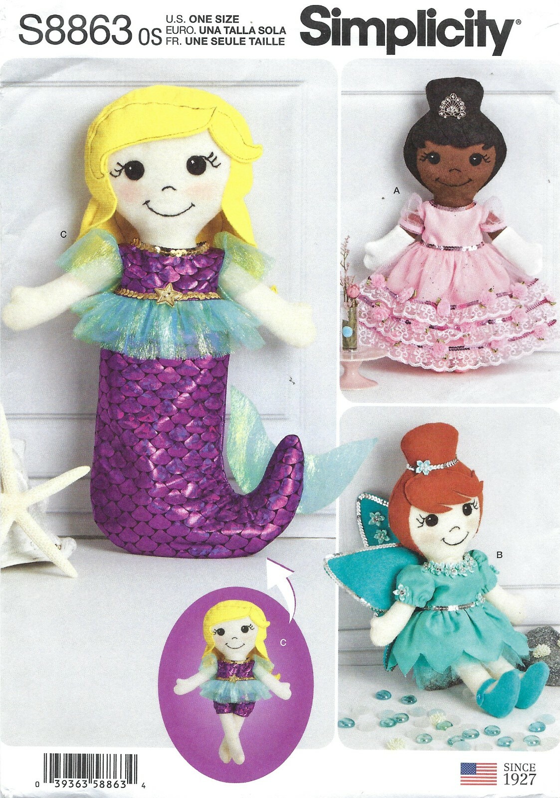 Simplicity S8863 Princess, Mermaid & Fairy Stuffed Dolls UNCUT Craft Pattern