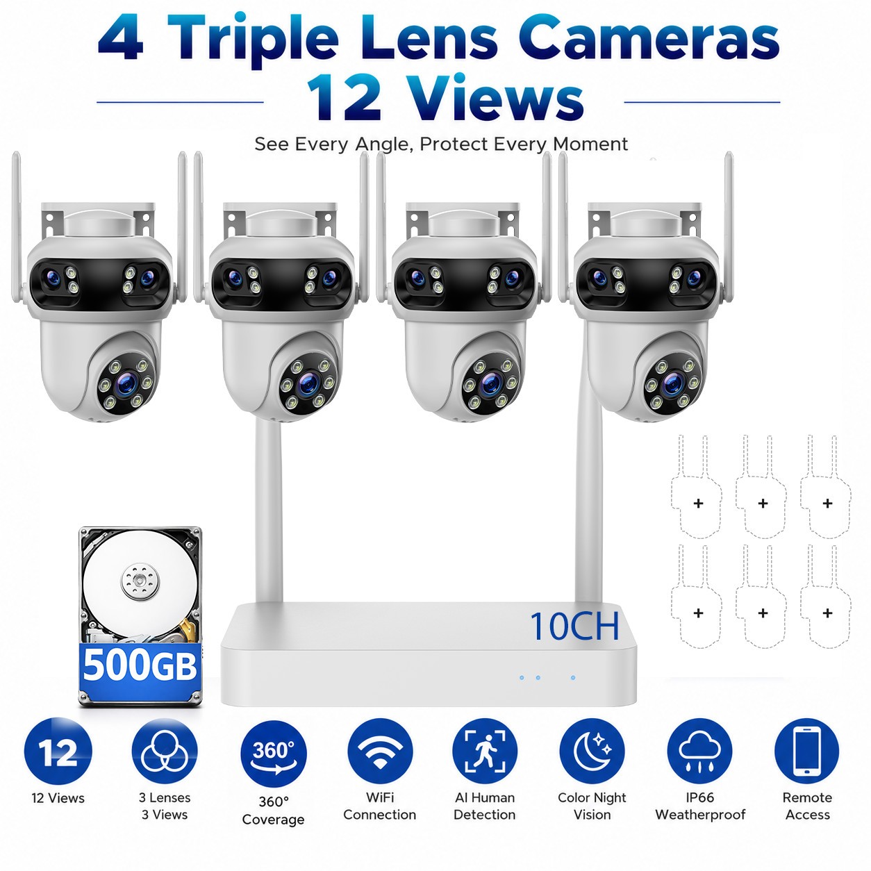 Security Camera System Wireless Outdoor Triple-Lens 3K 360°PTZ WiFi IP 10CH NVR