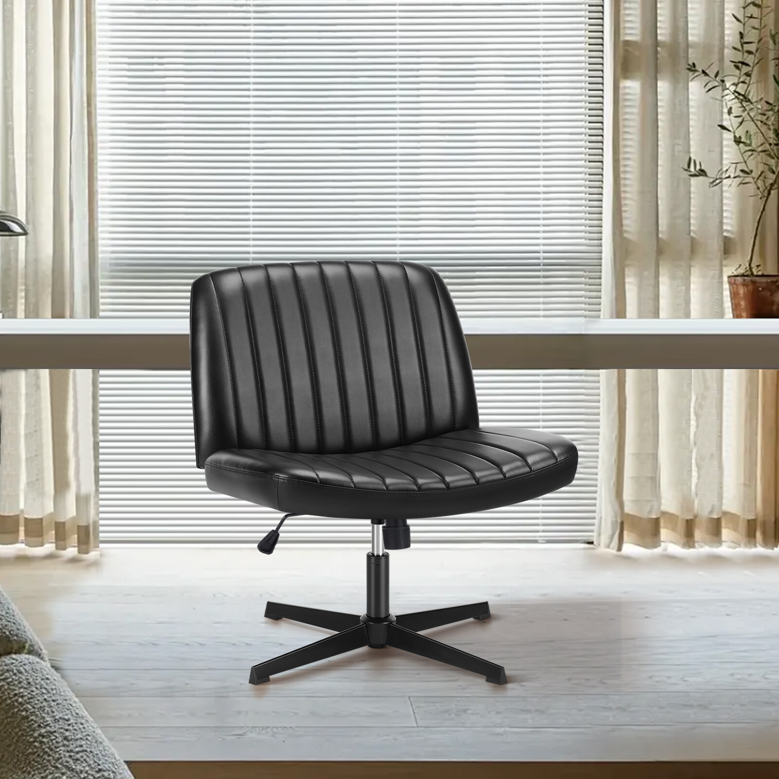 Cross Legged Chair Armless No Wheel PU Leather Height Adjustable Vanity