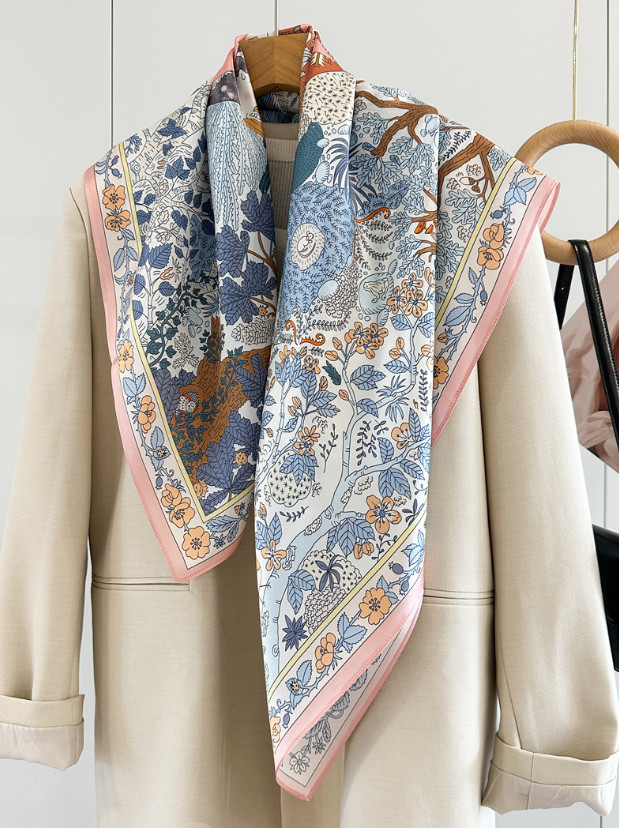 100% Mulberry Silk Square Scarf Neckerchief Women Lunar Deity print Wrap 88X88cm