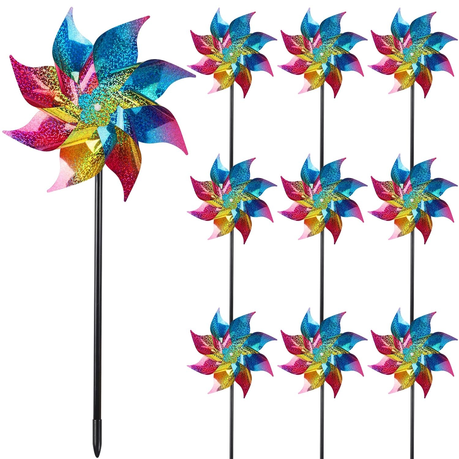 10 Pack Reflective Pinwheels Wind Spinner Rainbow Stakes Bird Repellent Yard