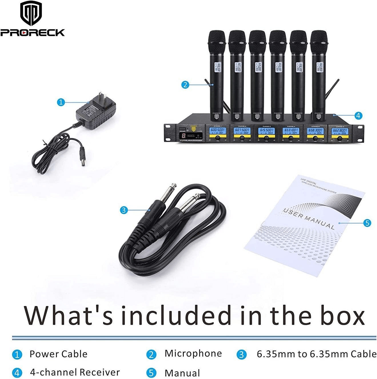 PRORECK MX66 6-Channel UHF Wireless Mic System 6 Mics 200ft Wedding Church