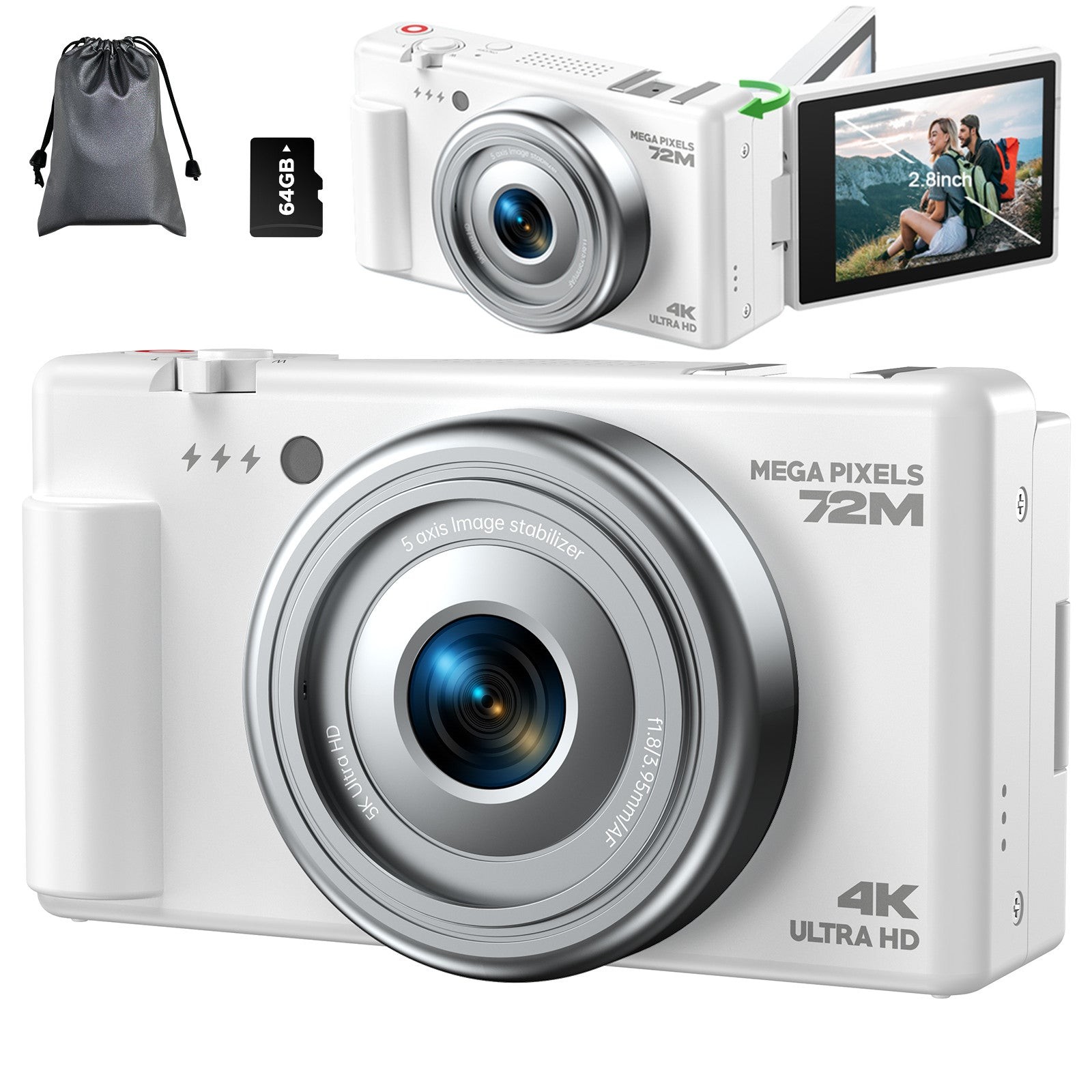 72MP Digital Camera 4K Video 2.8" 270° Flip Screen 18XZoom for Photography 64GB