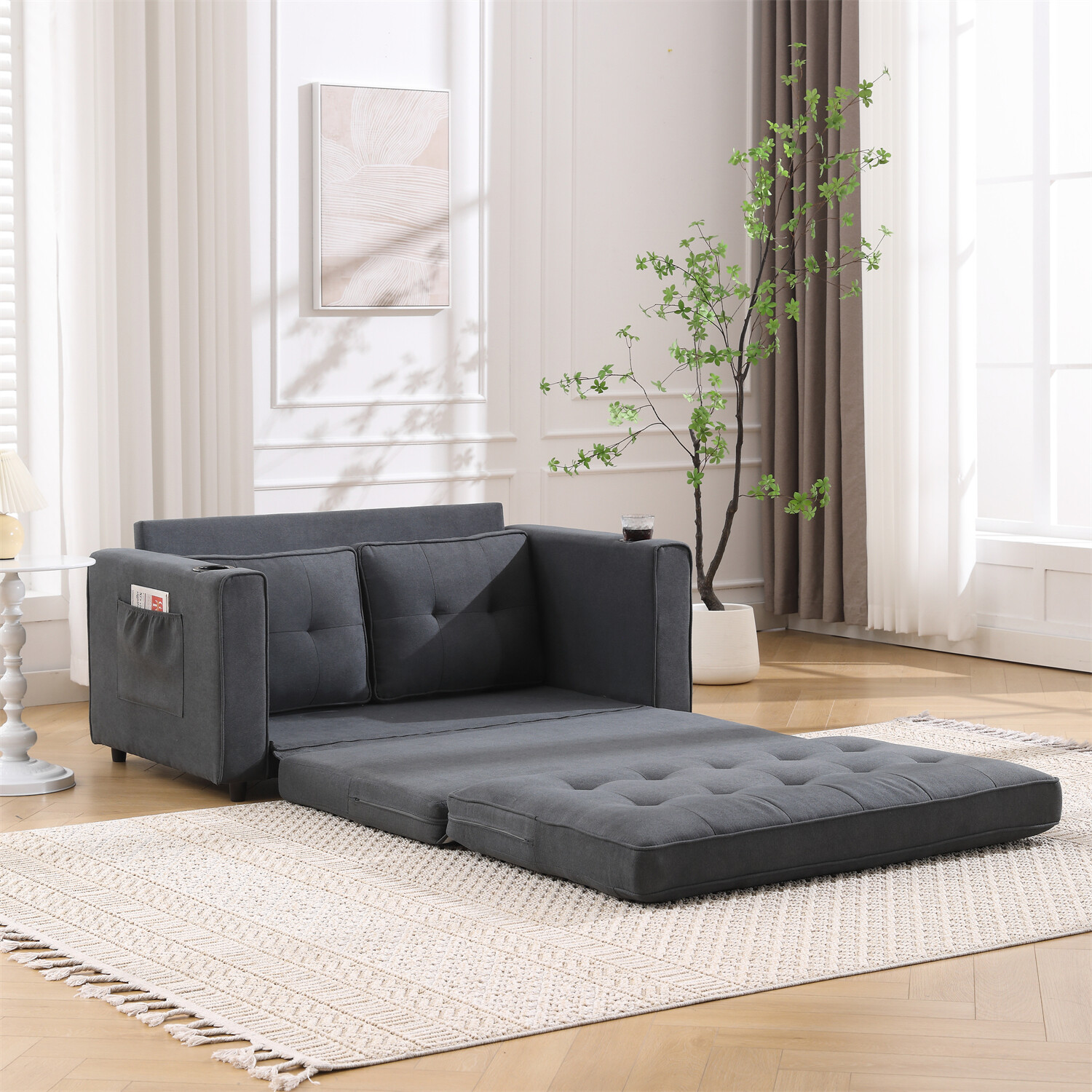 Convertible Sofa Bed Loveseat Futon Sofa Couch w/ Pull-Out Bed Dark Gray