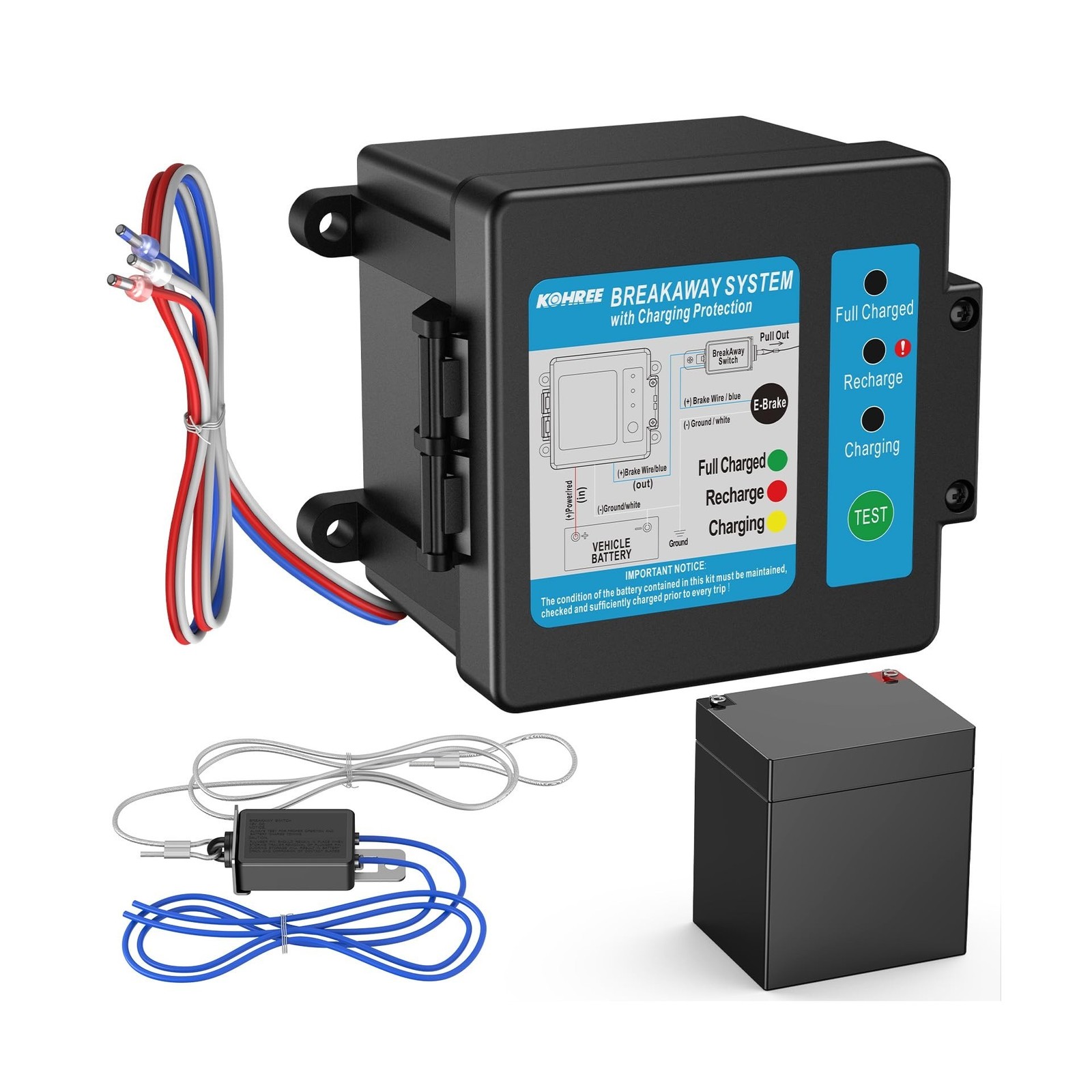 Kohree Trailer Brakes Breakaway Kit, Built-in 12V 5AH Battery and Charger, Si...