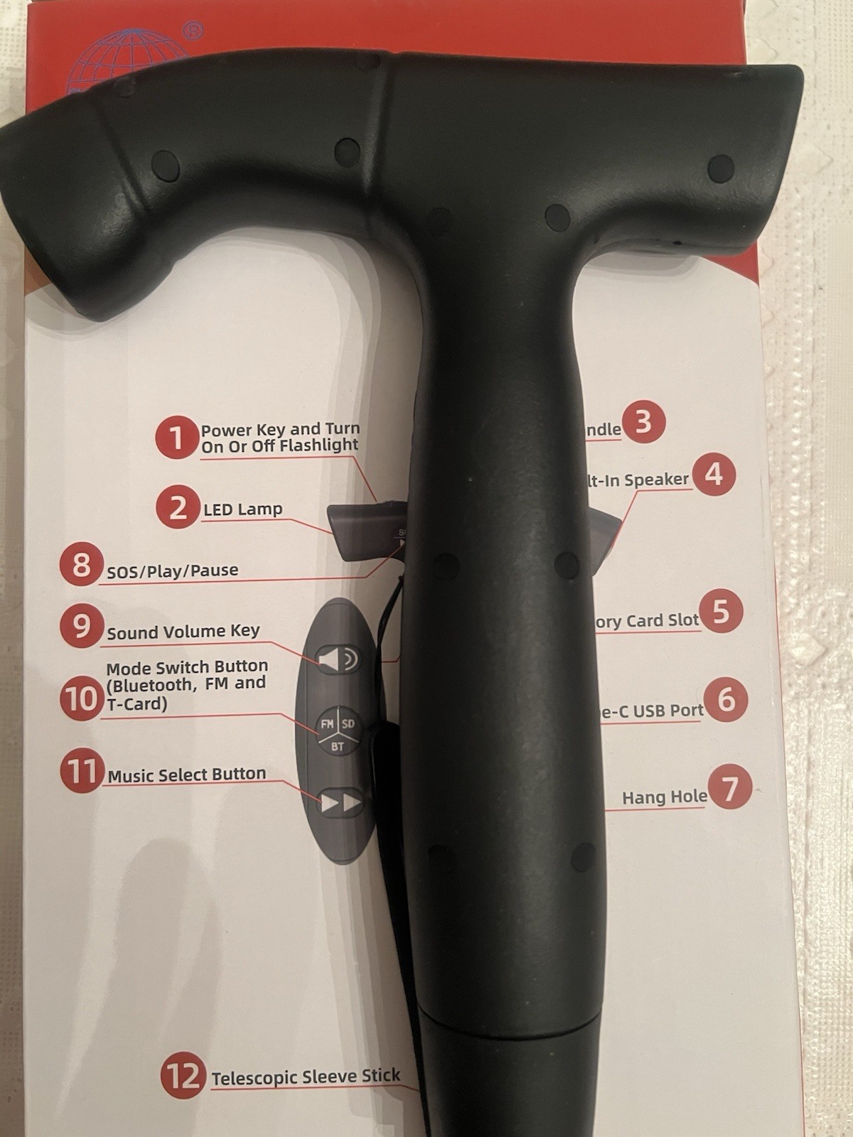 Smart Walking Cane-Bluetooth ,Flashlight SOS Alarm,FM Radio , Adjustable height