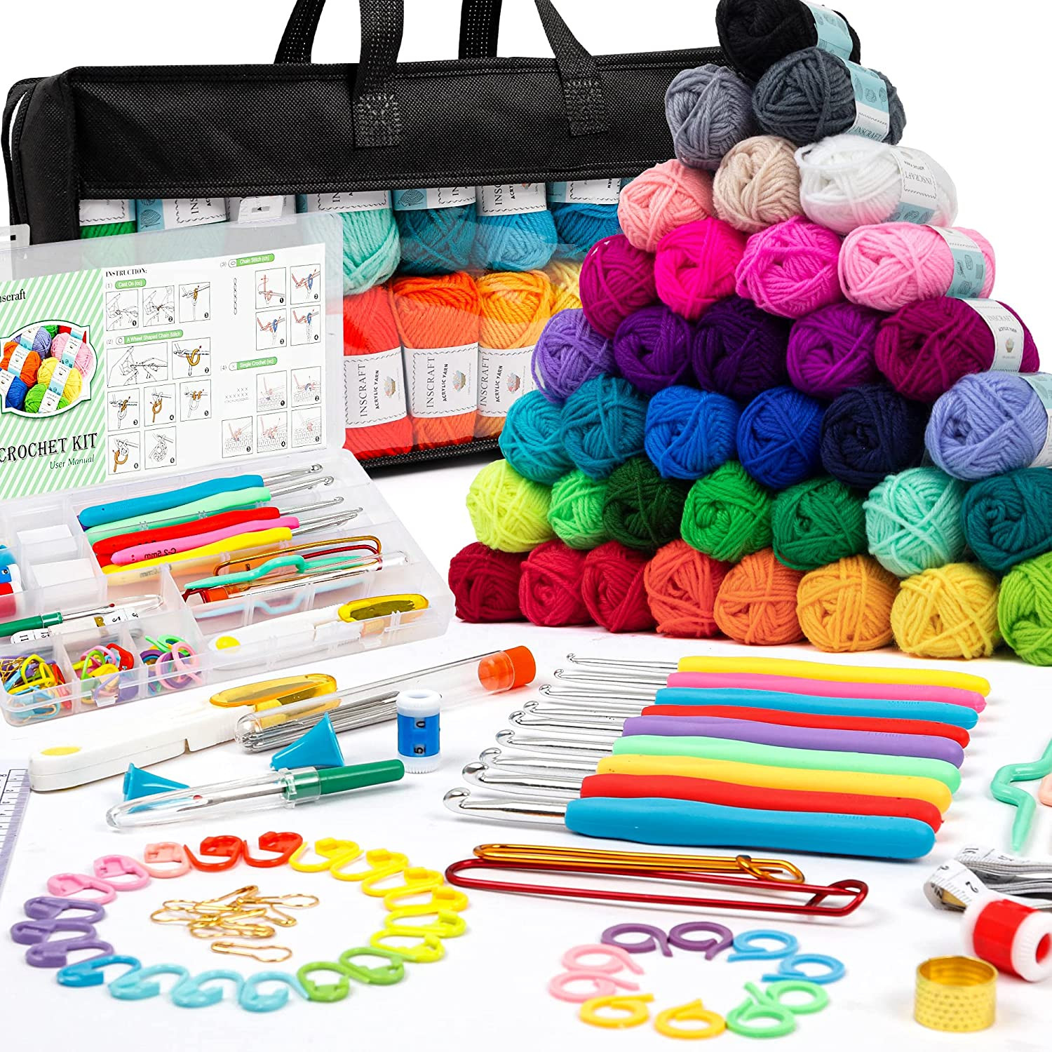 113 Piece Crochet Kit Yarn Set 1600 Yards Total 73 Crochet Accessories Storage