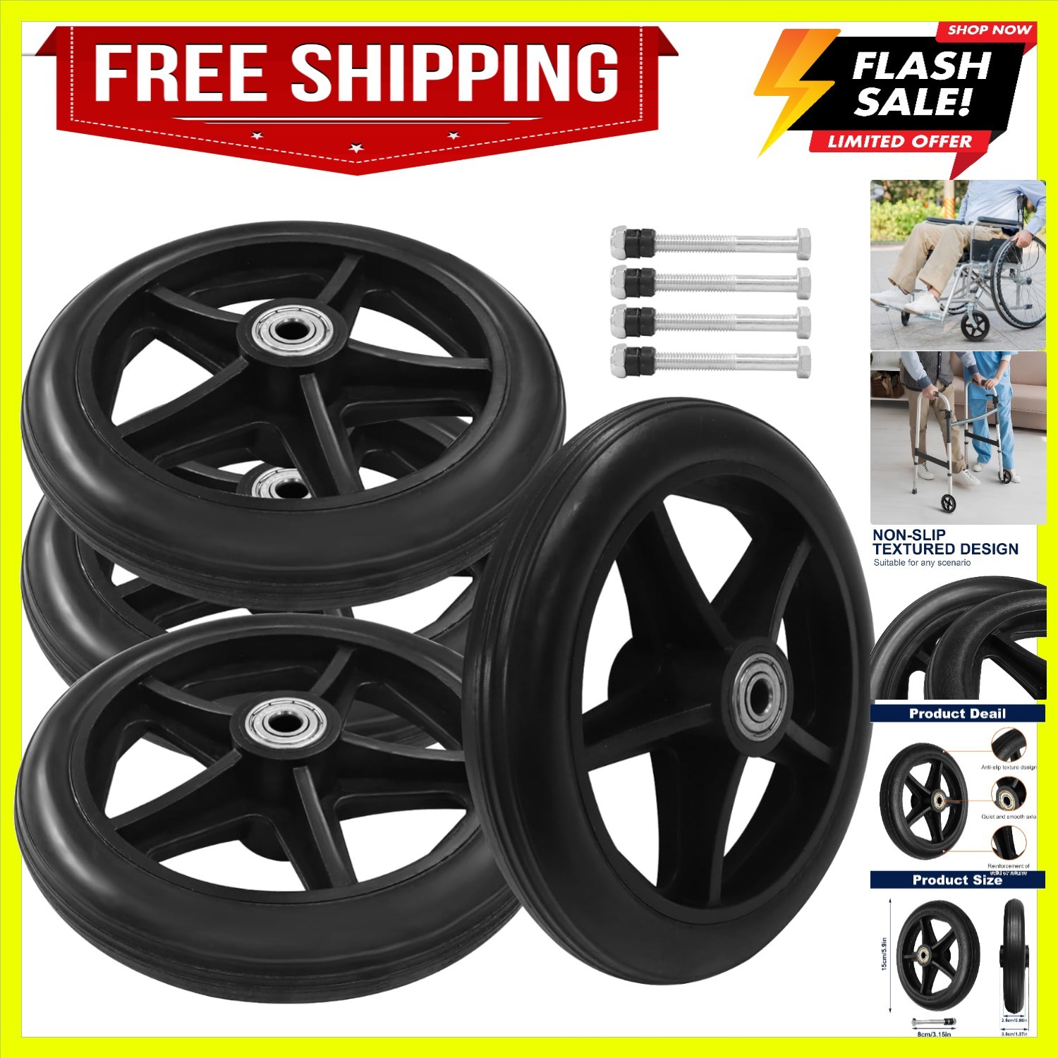 Lightweight 6 Inch Rubber Wheels for Wheelchairs - 4 Pcs Set for Easy Mobility