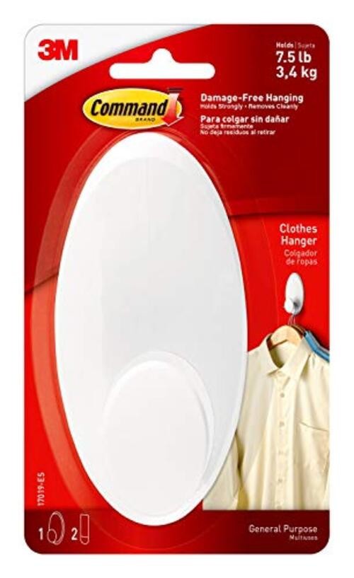 Large, White, 1-Hanger, 2-Strips, Organize Damage-Free 1 Hook Clothes Hanger