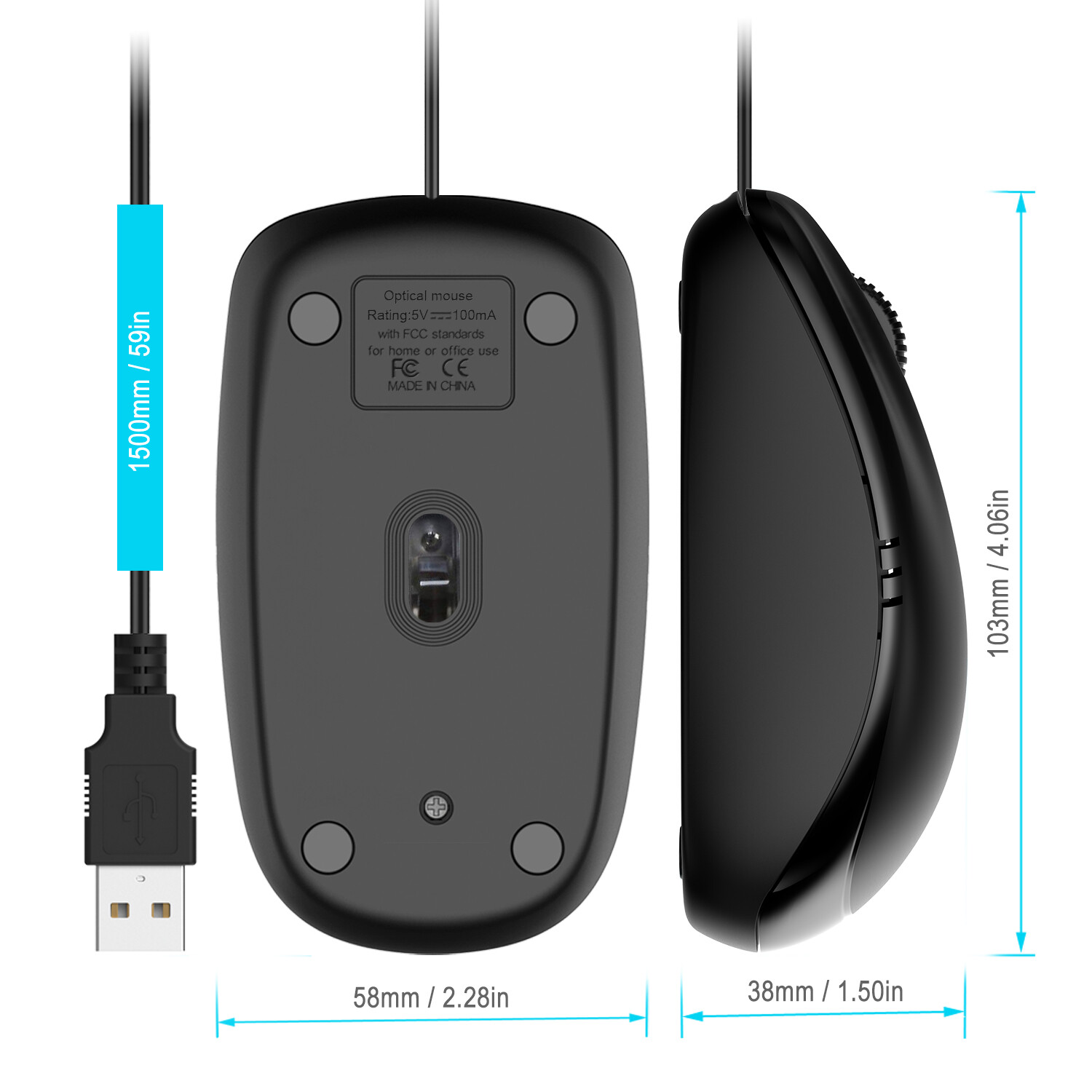 JETech 3-Button Wired USB Optical Mouse Mice (Black) - 0776