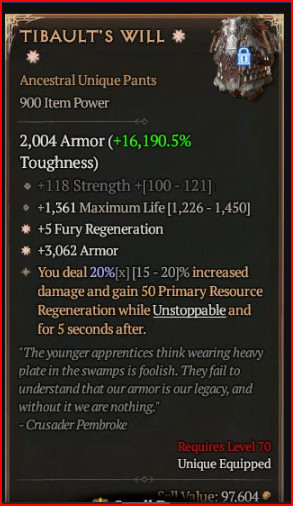 ☀️☀️DIABLO 4👞SEASONAL 14🔥TIBAULT'S WILL PANT🔥2GA-FURY REGEN+ARMOR (NON STR)