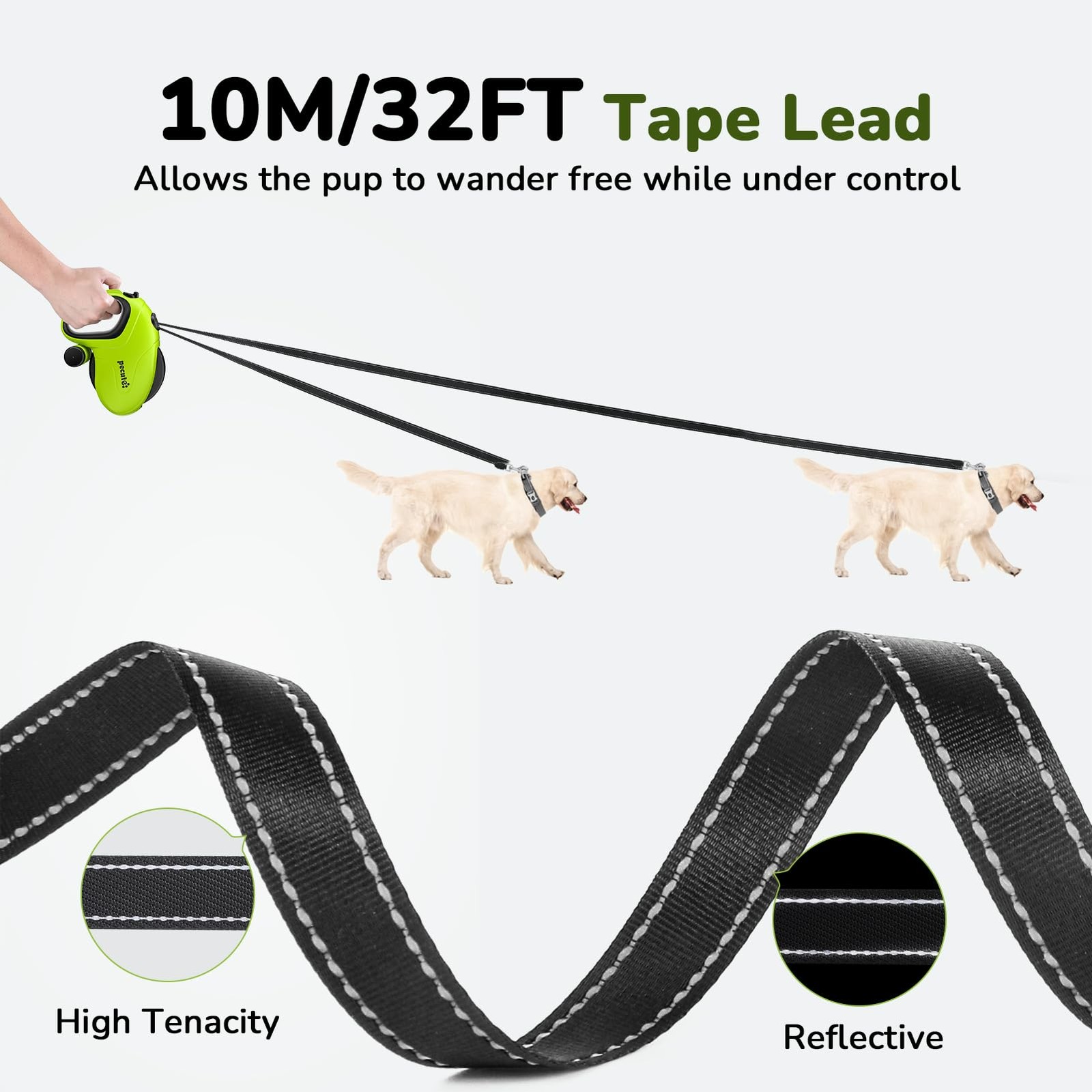 32ft Retractable Dog Leash with Reflective Strips, 360° Tangle-Free, One-Butt...