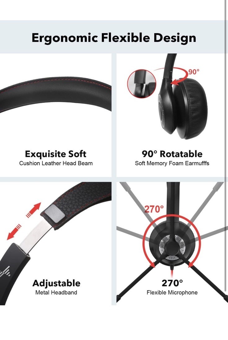 USB Headset with Microphone for PC, On-Ear Computer Laptop Headphones USB+3.5mm