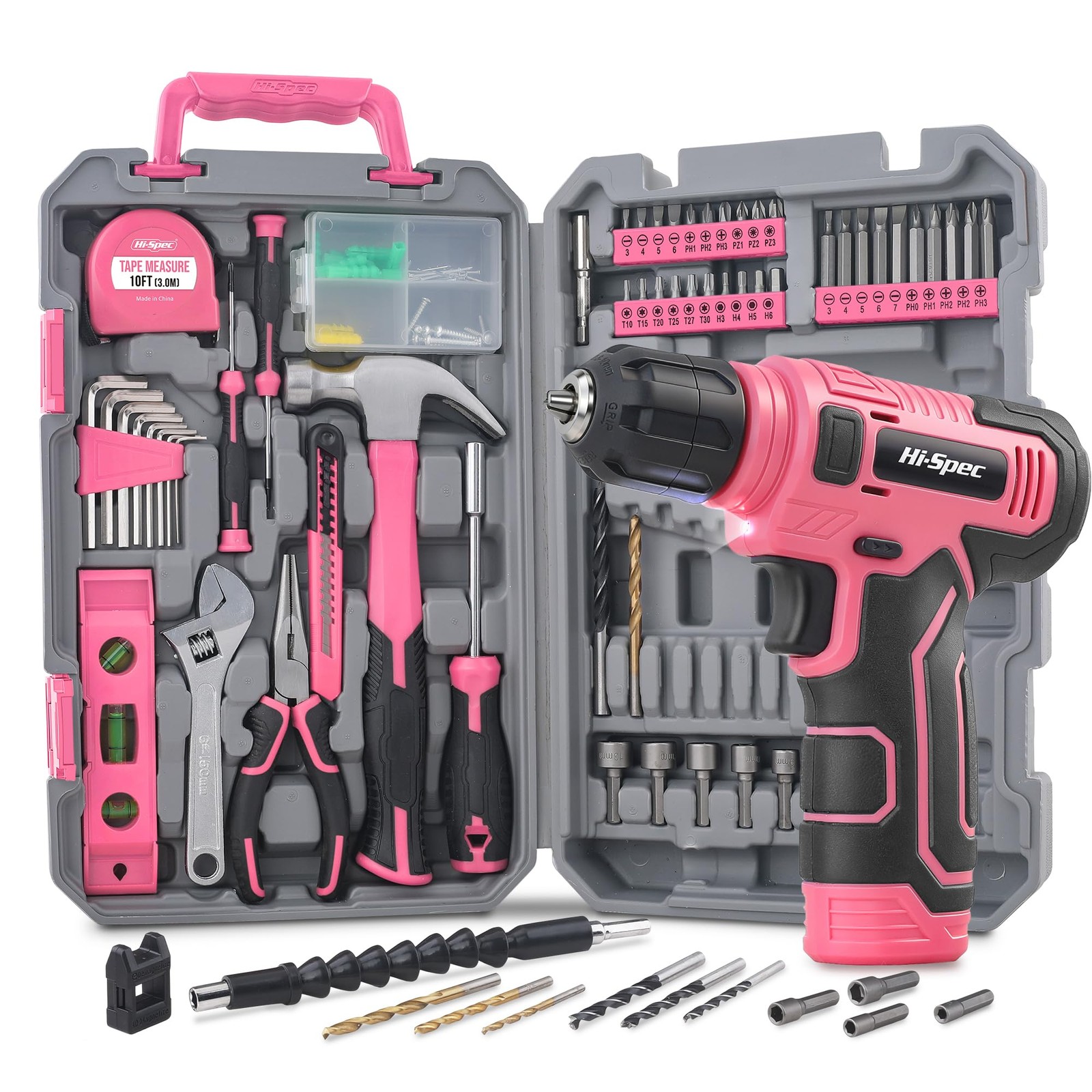 Hi-Spec Tool Set with 8V Drill Home DIY Repair & 70-Piece, Pink