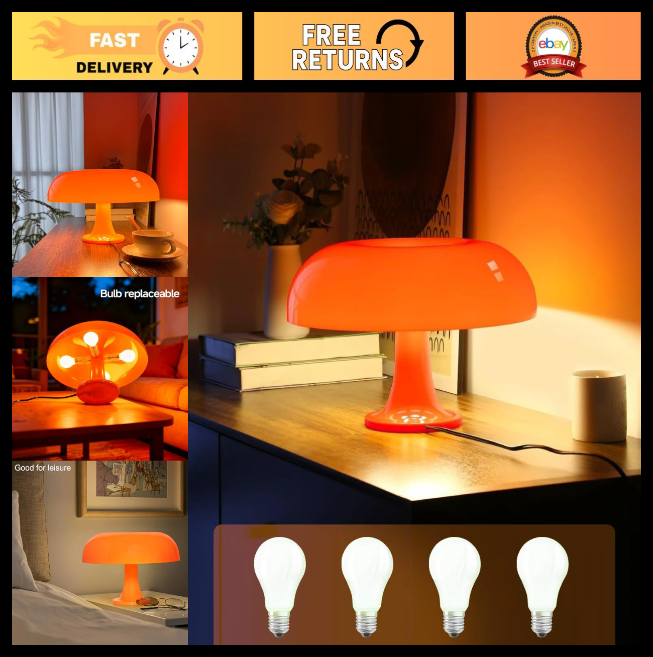 Orange Mushroom Table Lamp - Mid Century Modern Aesthetic Bedside Light, 2700K
