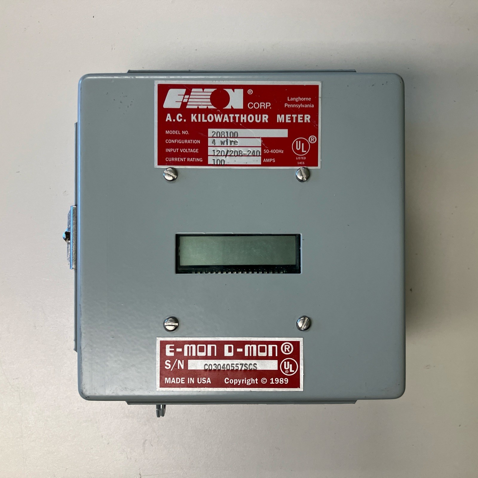 E-Mon D-Mon 208100 4 Wire AC KILOWATTHOUR METER  - For Parts - Not Tested