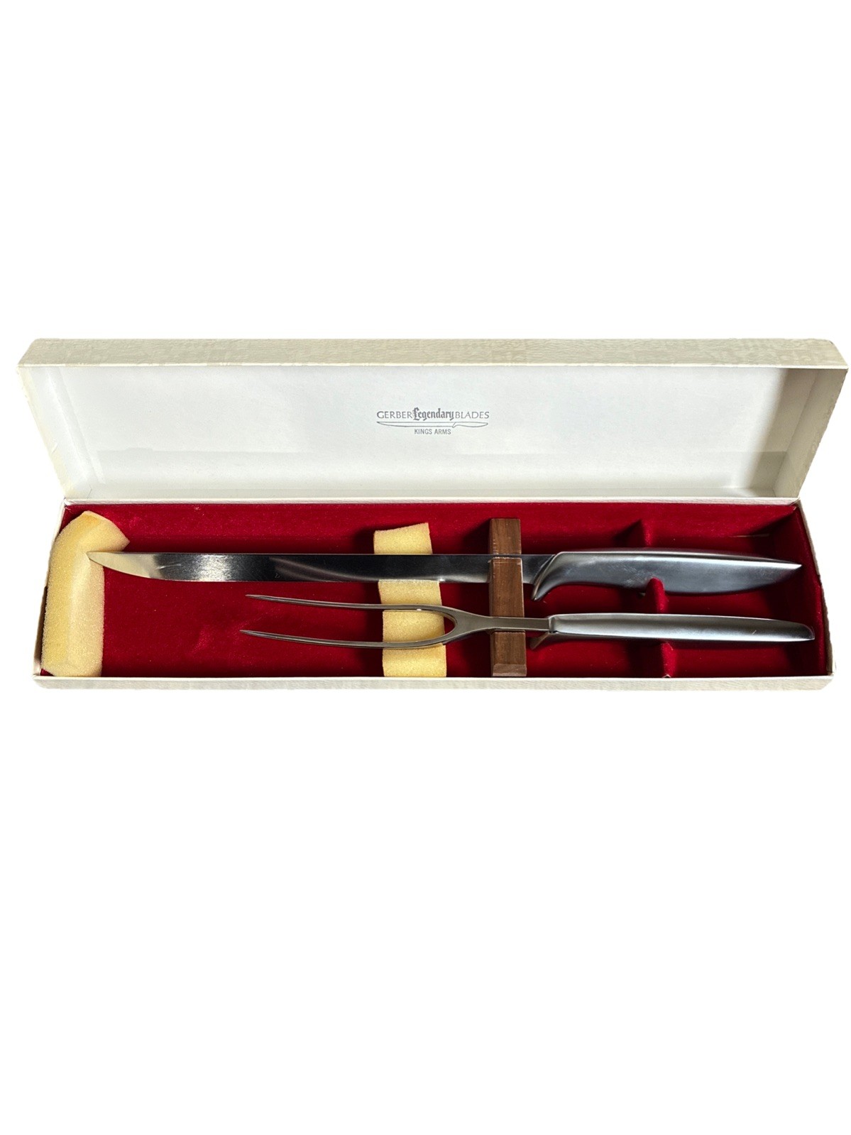 Vintage Gerber Legendary Blades King's Arms Carving Knife Fork Serving Set Box