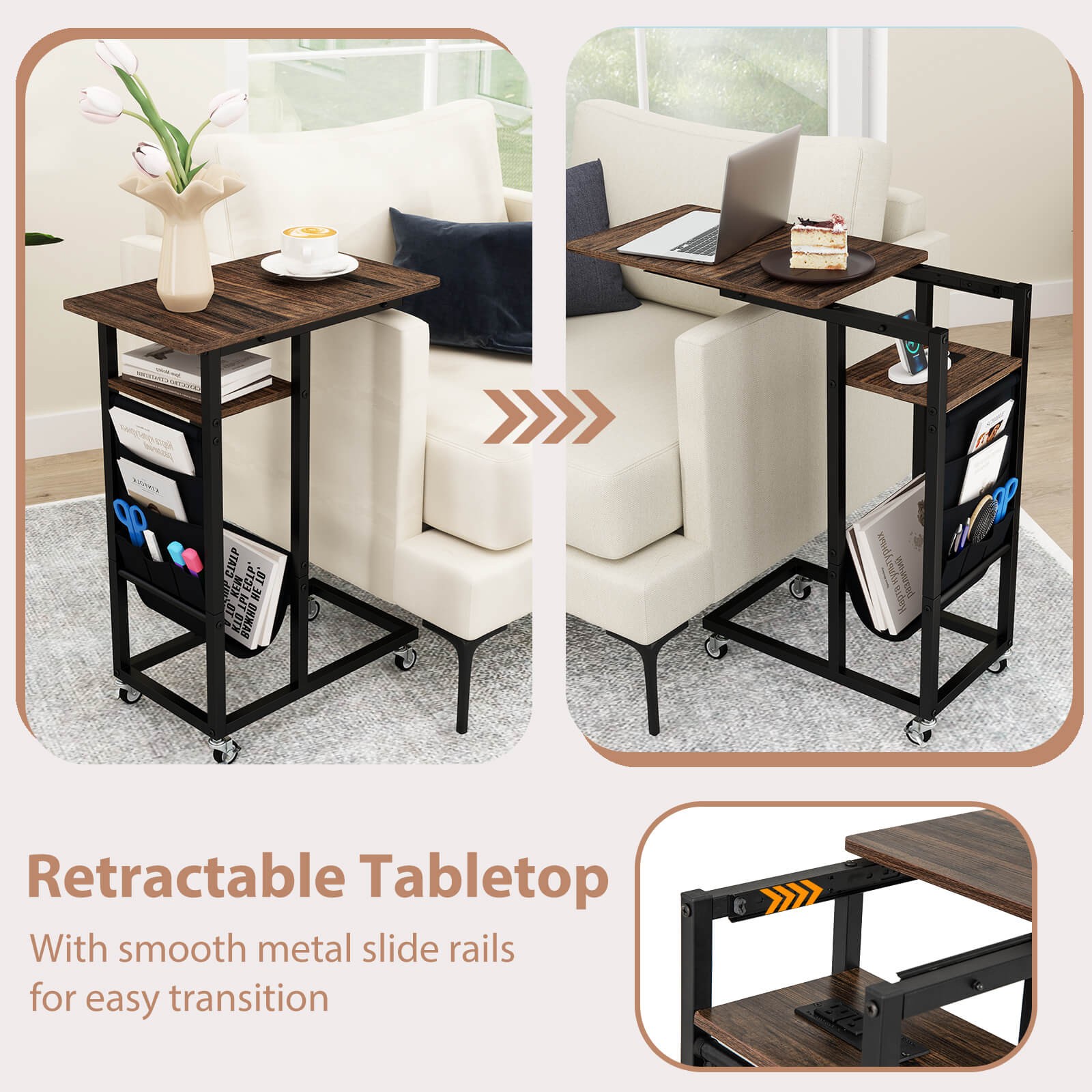 C-shaped End Table w/ Charging Station Rolling Bedside Table Couch Side Table