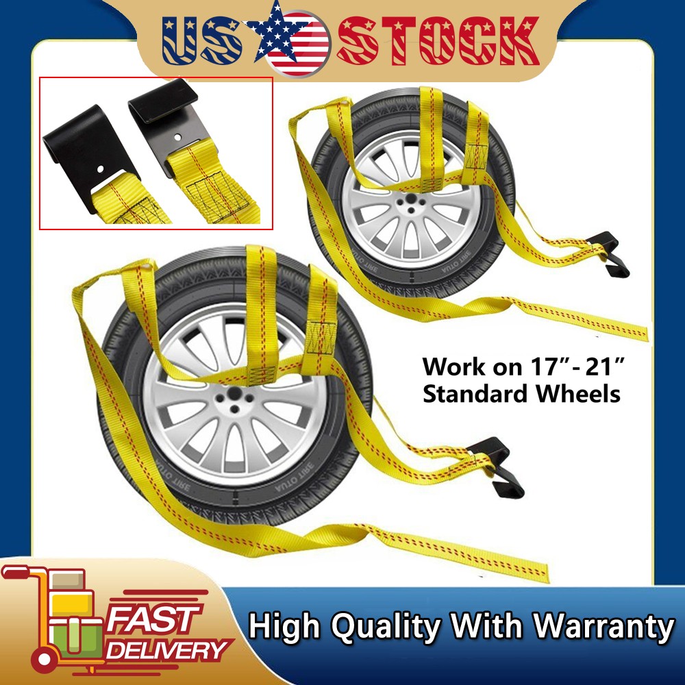 Set 2 Car Tire Tow Dolly Straps Heavy Duty Wheel Net Flat Hook Basket Strap