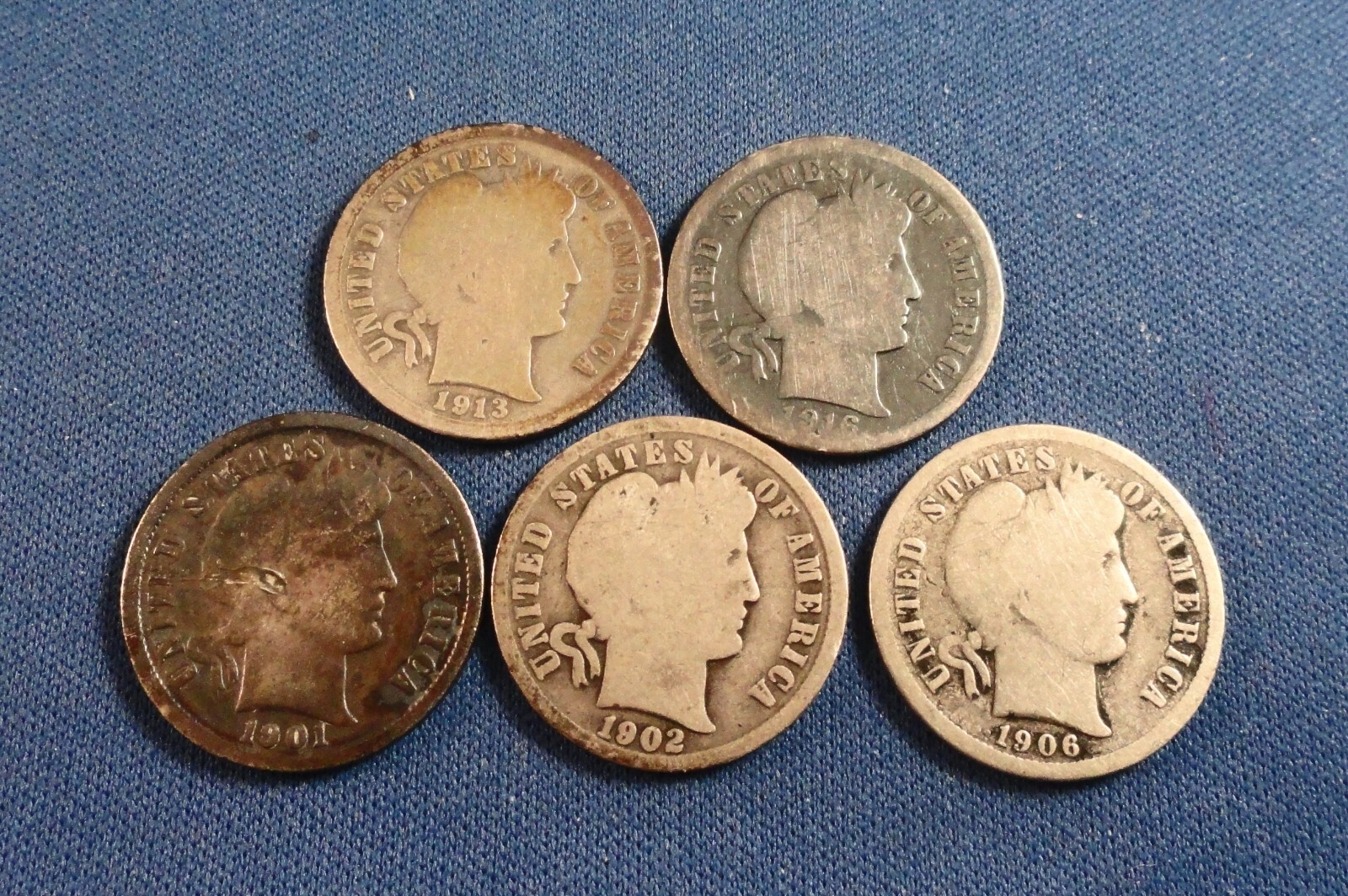 FIVE:  US BARBER DIMES: 1901 G+ / 1902 G / 1906D G / 1913 G / 1916 G