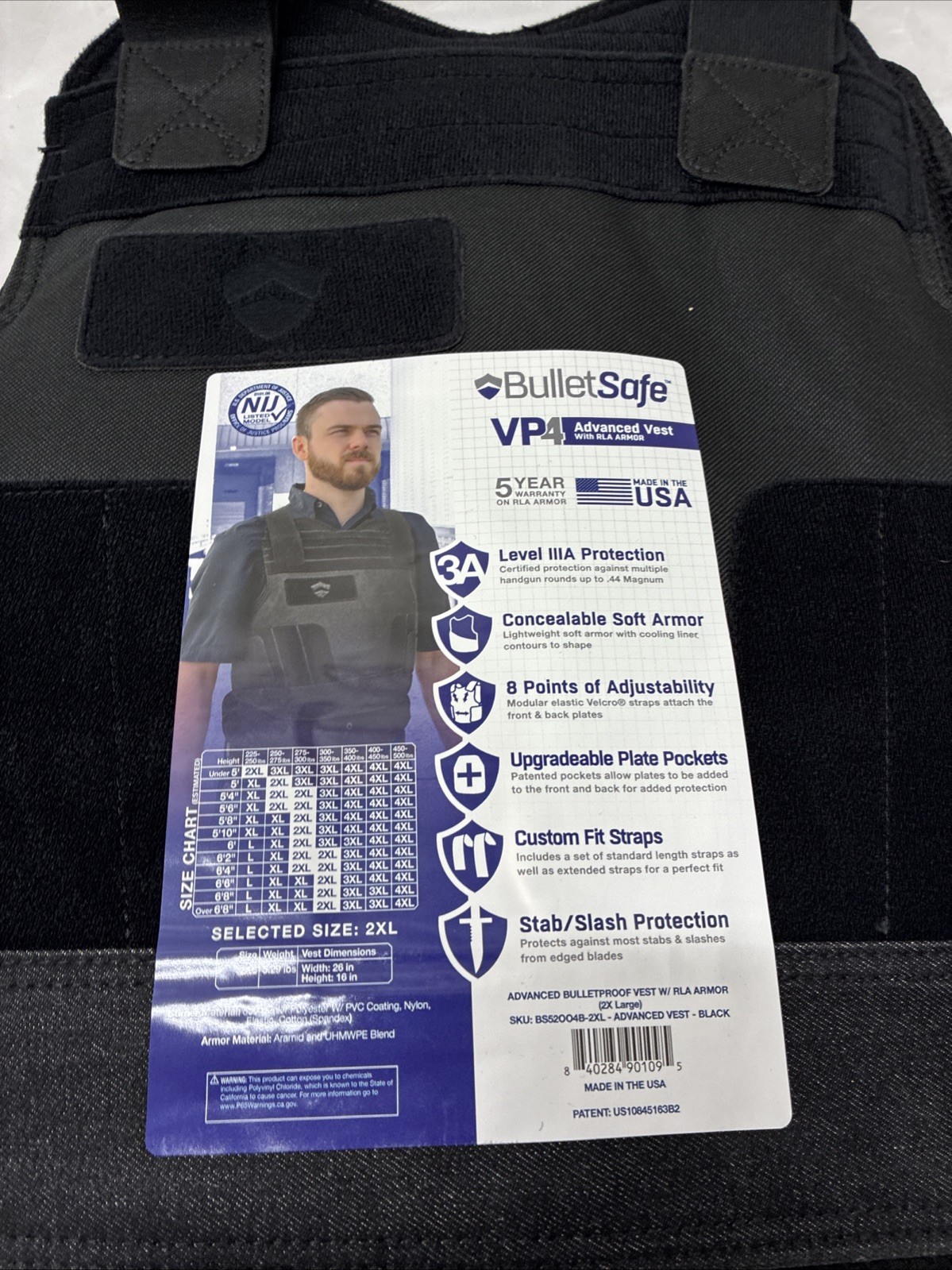 BulletSafe VP4 Bulletproof Vest Size 2XL w/IIIA RLA Armor BS52004B-2XL