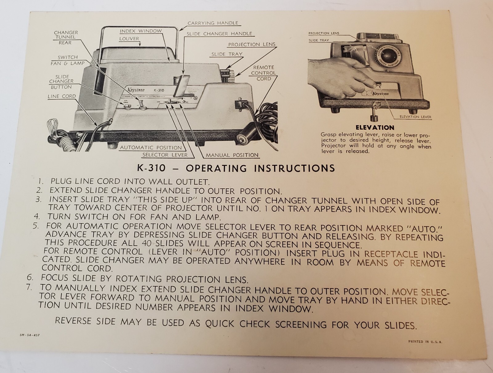 Vintage Keystone K-310 Slide Projector OPERATING INSTRUCTIONS