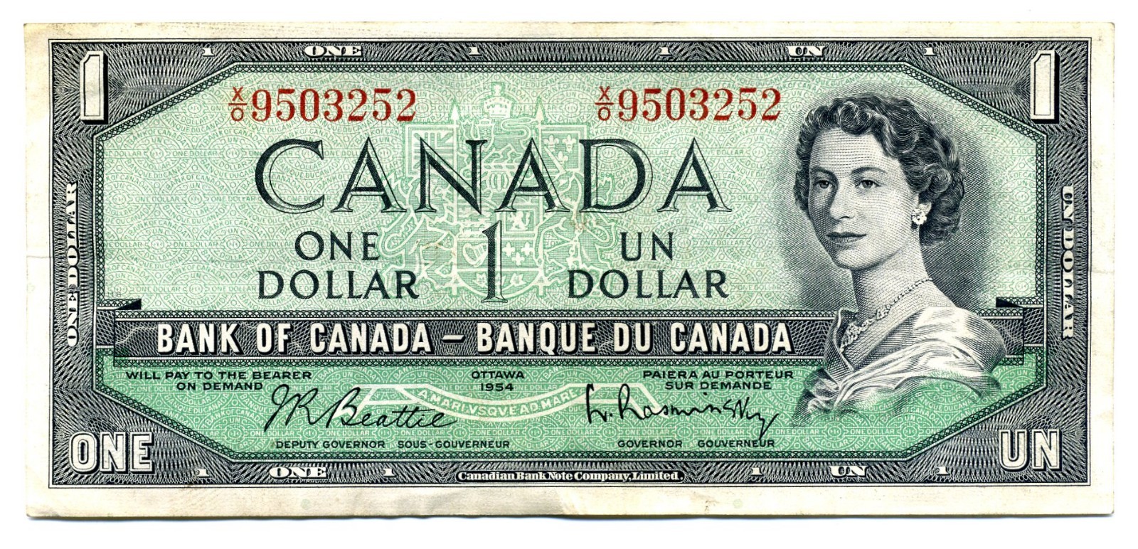 1954 Bank of Canada $1 One Dollar Banknote Queen Elizabeth II 9503252