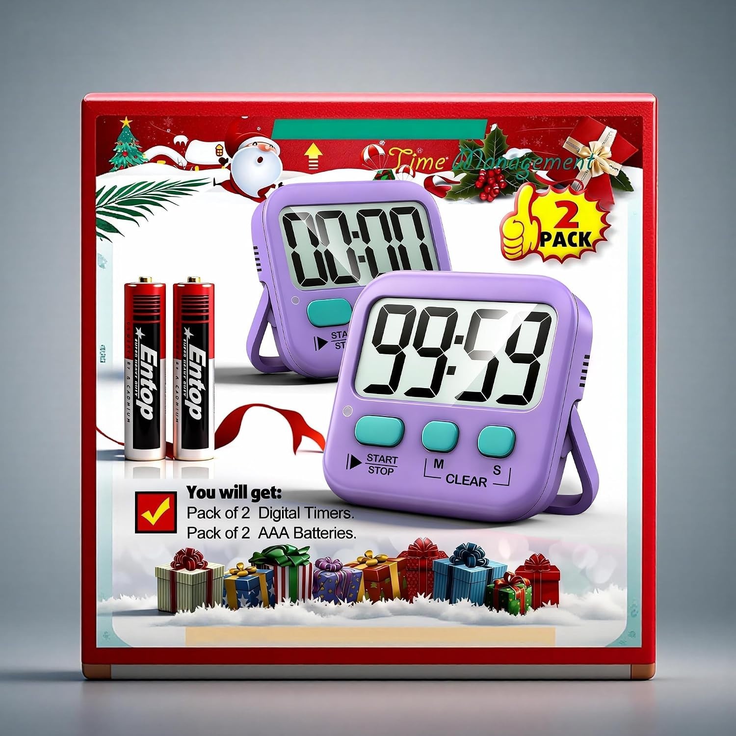 2 Pack Digital Kitchen Timer for Kids - Countdown & Count Up, Loud/Silent Mode